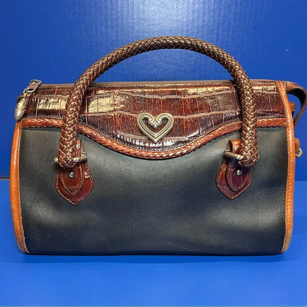 Vintage Brighton April Heart Leather Handbag Brown Black Top Handle Purse